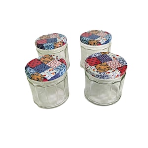 Four Vintage Anchor Hocking Jars with Patchwork Lids ~ Small Storage Containers