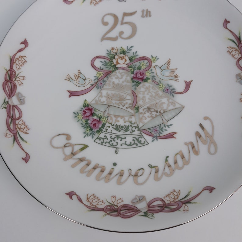 25th Anniversary Plate~Vintage~Silver~Wedding~Keepsake~White~Porcelain~Bells~Lefton China~1995