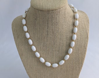 Lisner White Acrylic and Gold Beaded Necklace ~ Vintage 80s White Necklace