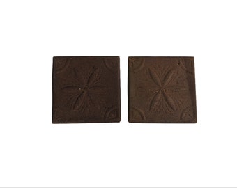 Two Salvaged Rusty Tin Tiles ~ Vintage Aged Embossed Tin Squares ~ 6" x 6"