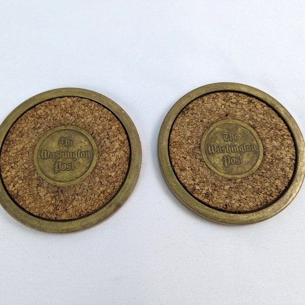 The Washington Post Brass and Cork Coasters ~ Two Vintage Round Metal Small Trivets ~ Newspaper Advertising Drink Rest