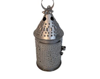 Vintage Punched Tin Lantern ~ Primitive Candlestick Holder ~ 10 3/4" High
