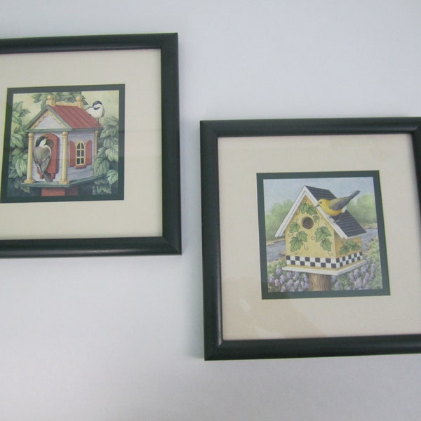 Two Framed Birdhouse Prints ~ Bird Pictures ~ Vintage Heartfelt Collection