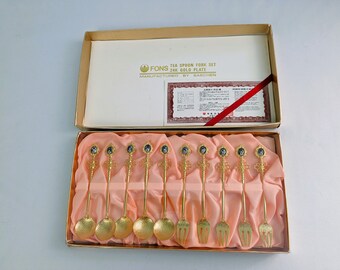 Fons 24KT Gold Plate Tea Spoon and Fork Set ~ Ten Piece Appetizer Small Spoons and Forks ~ Floral Enamel Ornate Design ~ NOS