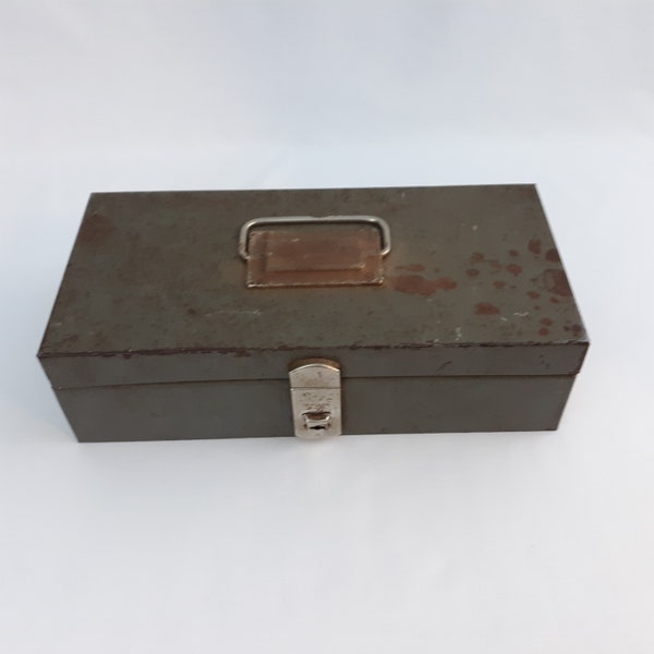 Rusty Metal Storage Box ~ Vintage Eagle Lock Co ~ Gray Distressed Industrial Decor