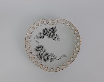 Heart Shaped Porcelain Dish ~ Black and Gray Roses Plate