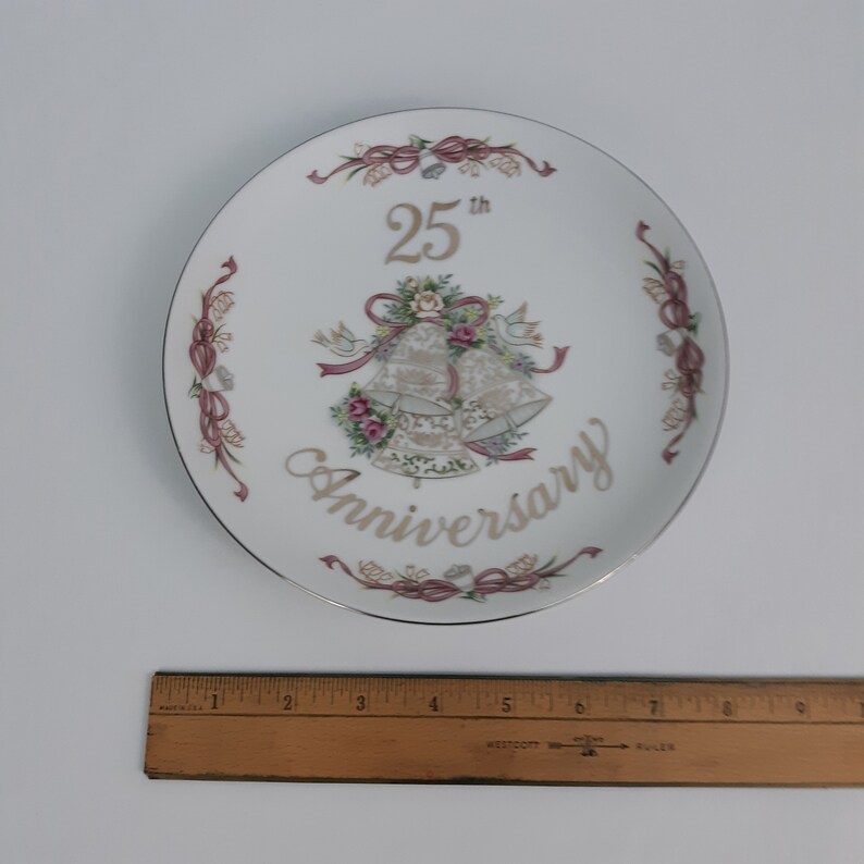 25th Anniversary Plate~Vintage~Silver~Wedding~Keepsake~White~Porcelain~Bells~Lefton China~1995