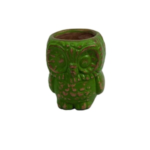 May include: A green ceramic owl planter with copper accents. The owl has large eyes and a detailed design.