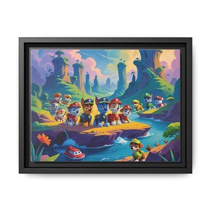 Lienzo enmarcado de la aventura de la Patrulla Canina, decoración para habitación infantil, arte de pared para sala de juegos, regalo para amantes de los animales, impresión de dibujos animados para cumpleaños infantiles.