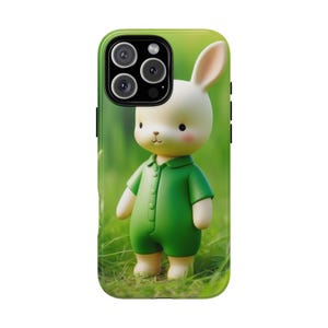 Bonita funda de conejo para iPhone, regalo para amantes de los animales, diseño de dibujos animados verdes, accesorio kawaii para teléfono, regalo de cumpleaños para niños.