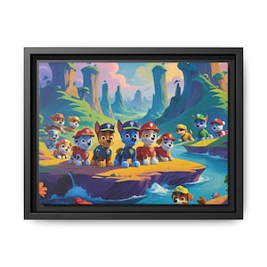 Lienzo enmarcado de la aventura de la Patrulla Canina, decoración para habitación infantil, arte de pared para sala de juegos, regalo para amantes de los animales, impresión de dibujos animados para cumpleaños infantiles.