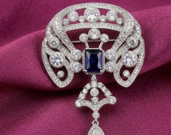 Vintage Sapphire & Diamond Floral Classic Brooch Pin 14k Gold Plated Party Wear Jewelry