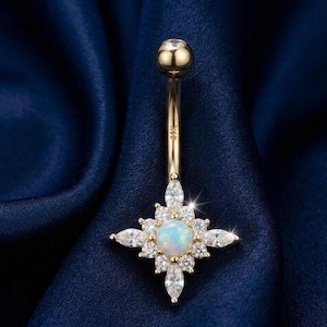 Women’s Round Opal & Diamond Floral Belly Button Ring 14K Gold Plated Silver Navel Jewelry