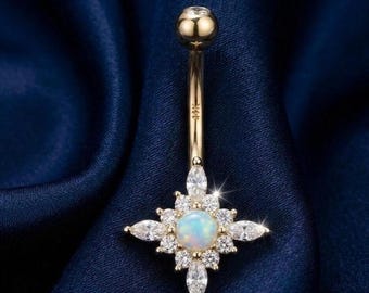 Women’s Round Opal & Diamond Floral Belly Button Ring 14K Gold Plated Silver Navel Jewelry