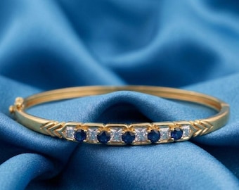 Round Sapphire & Princess Diamond Women's Bangle 14k Gold Plated Silver Luxury Jewelry