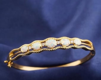 Opal Gemstone Women's Bangle, 14k Yellow Gold Plated Sterling Silver, Handmade Jewelry