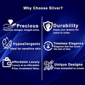 May include: A blue graphic with white text and icons promoting silver jewellery. The text reads "Why Choose Silver?" and highlights benefits such as precious designs, durability, hypoallergenic qualities, and unique designs.