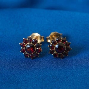 Könnte beinhalten: Ein Paar Goldstecker mit einem zentralen runden, dunkelroten Granatstein, der von einem Kranz aus kleineren facettierten Granatsteinen in einer blumenartigen Anordnung umgeben ist, mit sichtbaren Goldstiften und Verschlüssen auf der Rückseite.
