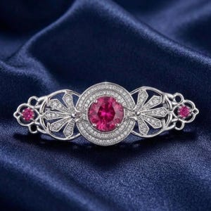 Round Ruby & Diamond Vintage Filigree Brooch 14K Gold Plated Silver Elegant Jewelry