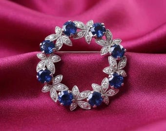 Round Sapphire & Diamond Floral Classic Brooch Pin 14k Gold Plated Elegant Jewelry Gift