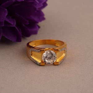 Diamond Gold Ring For Men, 14k Yellow Gold Plated Ring For Him, Sterling Silver Ring, Handmade Round Stone Ring, Proposal Ring, Gift For Him