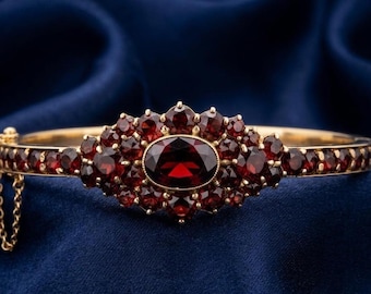 Oval Floral Garnet Women's Bangle 14k Gold Plated Silver Handmade Jewelry Gift for Her