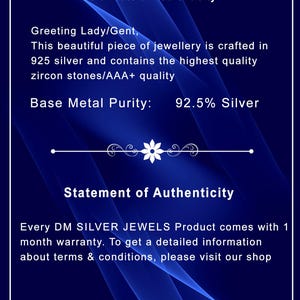 May include: A certificate from DM SILVER JEWELS, with a dark blue background and white text. The certificate states the jewellery is crafted in 925 silver with zircon stones. It also includes a statement of authenticity and warranty information.