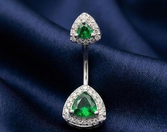 Emerald Double Triangle Belly Ring Diamond Halo Navel Piercing 14K Gold Plated Dangle Belly