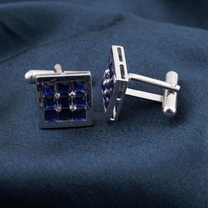 Blue Sapphire Silver Cufflink, 14k White Gold Plated Cufflinks For Men&#39;s, 925 Sterling Silver Cuffs, Formal Attire Cufflinks, Gift For Him