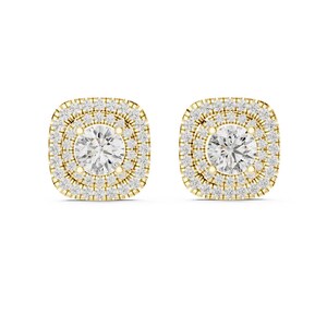 Moissanite Solid Gold Stud Earrings, Handmade Round Stone Double Halo Design Earrings For Women, 14k Solid Yellow Gold Studs, Gift For Her