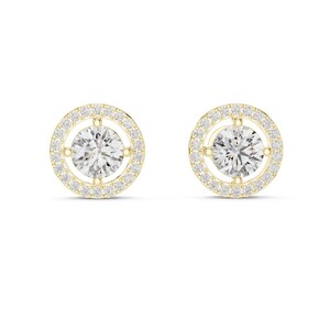 Round Stone Women&#39;s Stud Earrings, Shiny Moissanite Earrings For Girls, Handmade Halo Design Screw Back Earrings, 14 Solid Yellow Gold Studs