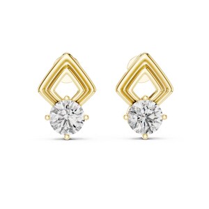 Single Round Moissanite Women&#39;s Stud Earrings, Handmade Soilitaire Earrings For Women, 14k Yellow Solid Gold Studs For Girls, Gift For Her