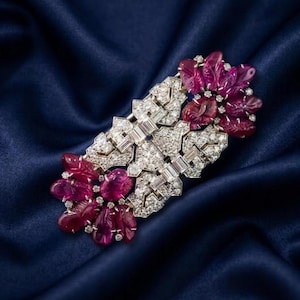 Broche vintage de flor de rubí y diamantes, chapado en oro de 14 quilates, joyería de lujo.