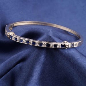 Blue Sapphire With Diamond Bangle, 14k White Gold Plated, 925 Sterling Silver Bangle For Women, Princess Cut Stone Bangle For Her