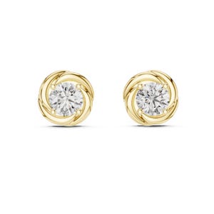 Moissanite Women&#39;s Stud Earrings, Handmade Round Stone With Designed Earrings For Girls, 14k Solid Yellow Gold Studs, Minimalist Earrings