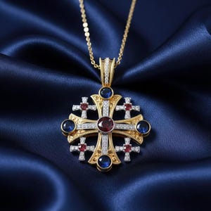 Runt safir- och granatkorshängehalsband för religiösa smycken i 14k guldpläterat silver för kvinnor