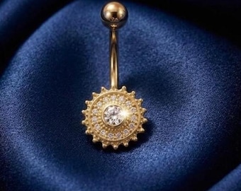 Round Diamond/Moissanite Floral Belly Ring 14k Gold Plated Silver Navel Jewelry Gift
