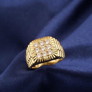 Round Diamond Men&#39;s Ring, 14k Yellow Gold Plated Sterling Silver Ring For Men&#39;s, Handmade Shiny Stone Unique Design Ring, Gift For Him