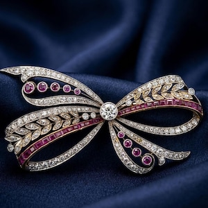 Vintage Rubin & Diamant Bogen Brosche 14K Vergoldet Silber Elegant Band Pin Schmuck Geschenk