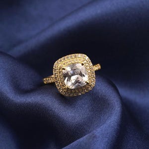 Diamond Silver Ring, 14k Yellow Gold Plated Sterling Silver Ring For Women, Handmade Cushion & Round Cut Diamond Ring For Girl, Gift For Her