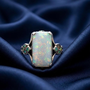 Art Deco Rectangular Opal Statement Ring, Antique Silver Boho Cocktail Ring