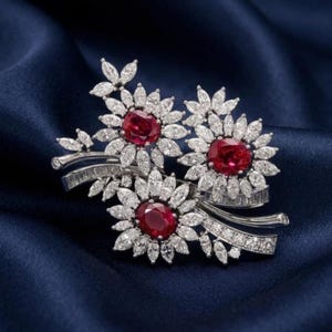 Kissen Rubin Blume & Diamant Brosche 14K Vergoldetes Silber Elegant Schmuck Geschenk
