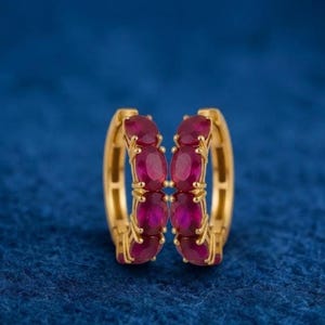 3Ct Oval Red Ruby Hoop Earrings 14K Gold Plated Sterling Silver Handmade Statement Jewelry