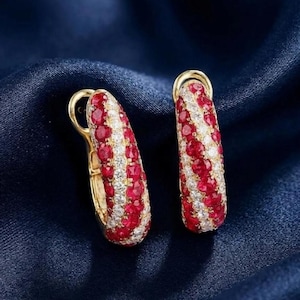 Women's Round Ruby & Diamond Huggie Hoop Earrings 14K Gold Plated Silver Elegant Jewelry