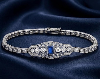 Art Deco Blue Sapphire & Diamond Tennis Bracelet 14K Gold Plated Silver Vintage Style Jewelry