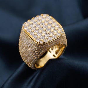 Diamond Gold Ring, 14k Yellow Gold Plated Sterling Silver Ring For Men, Sparkling Moissanite Hip Hop Ring, Round Stone Ring, Gift For Men