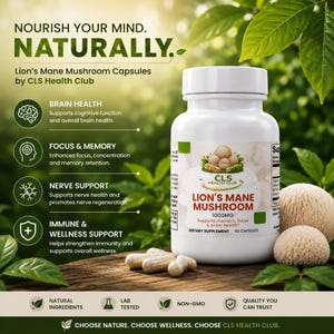 May include: A white bottle of Lion's Mane Mushroom capsules by CLS Health Club. The label reads "Lion's Mane Mushroom 1000mg" and "Dietary Supplement 60 Capsules." The image also includes capsules and two mushroom-like objects.