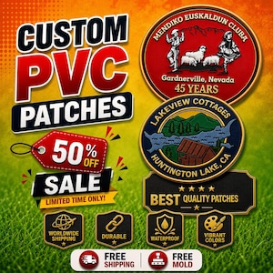 May include: Custom PVC patches featuring two circular designs: one red with figures and sheep labeled Mendiko Euskaldun Cluba, and one blue with a cabin and lake labeled Lakeview Cottages. Includes text for sale, quality, and shipping features.