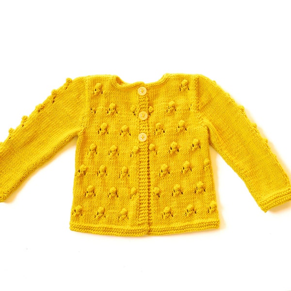 Girls Sweater yellow Knitted cardigan, wool jacket, popcorn knit bobbles, lace, toddler baby 0-3-6-9-12-18-24 months 2T 3T 4T 5T 6