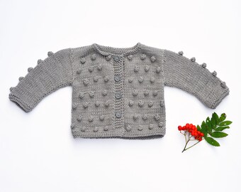 Toddler Baby Girl Sweater grey hand Knitted cardigan warm merino wool popcorn bobble Fall Winter Xmas 0-3-6-9-12-18-24 months 2T 3T 4T 5 6 7